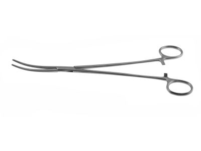 Coller hemostatic forceps, 9 1/2'',curved, serrated jaws, ring handle