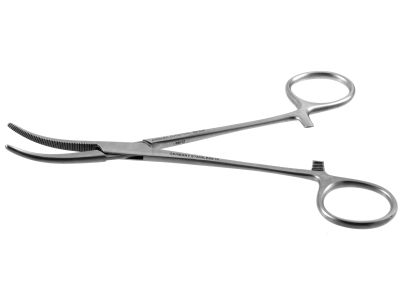 Crile hemostatic forceps, 6 1/4'',curved, serrated jaws, ring handle