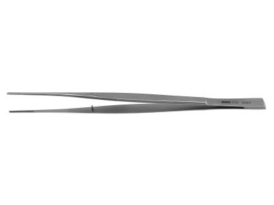 Cushing dressing forceps, 7'',straight, serrated jaws, semi-sharp dissecting end, flat handle