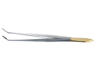 Cushing dressing forceps, 7'',angled, serrated TC jaws, semi-sharp dissecting end, flat handle