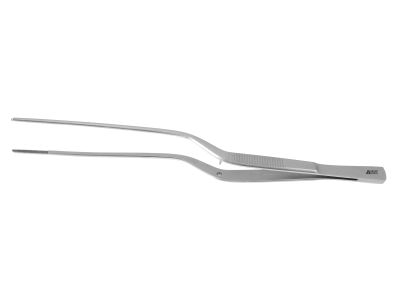 Cushing dressing forceps, 7 1/4'',bayonet shafts, serrated jaws, semi-sharp dissecting end, flat handle