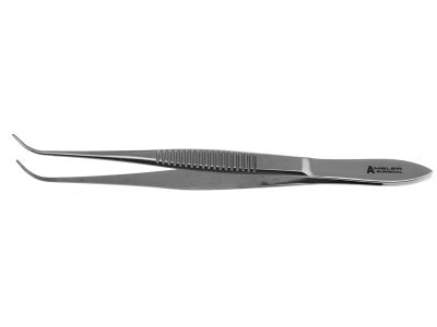 Dressing forceps, 3 3/4'',delicate, strongly curved, serrated tips, flat handle