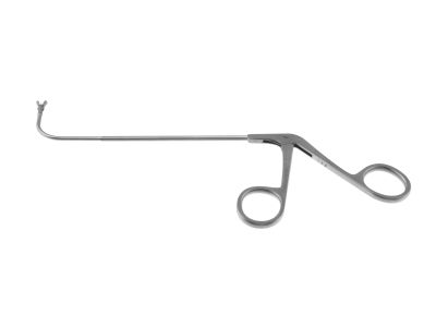 Frontal sinus recess giraffe forceps, working length 125mm, curved up 90º, double-action, 3.0mm vertical cup jaws, ring handle