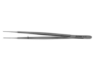 Gerald micro dressing forceps, 7'',delicate, straight, 1.0mm serrated tips, flat handle