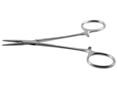 Halstead hemostatic mosquito forceps, 5'',straight, serrated jaws, ring handle