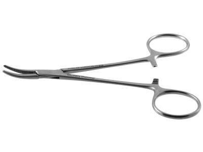 Halstead hemostatic mosquito forceps, 5'',curved, serrated jaws, ring handle