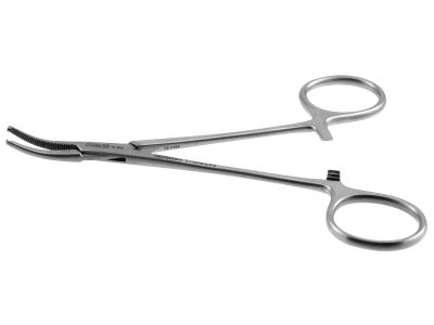 Halstead hemostatic mosquito forceps, 5'',curved, 1x2 teeth, serrated jaws, ring handle
