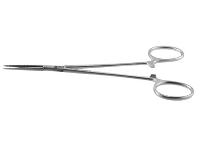 Halstead hemostatic mosquito forceps, 6'',delicate, straight, serrated jaws, ring handle