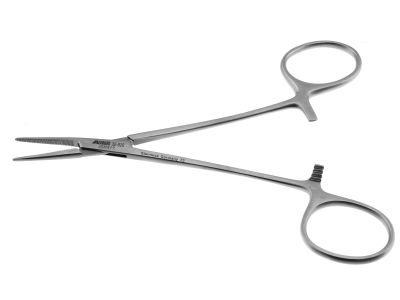 Halstead hemostatic mosquito forceps, 5'',delicate, straight, serrated jaws, ring handle