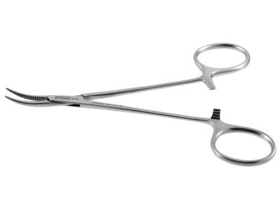 Halstead hemostatic mosquito forceps, 5'',delicate, curved, serrated jaws, ring handle