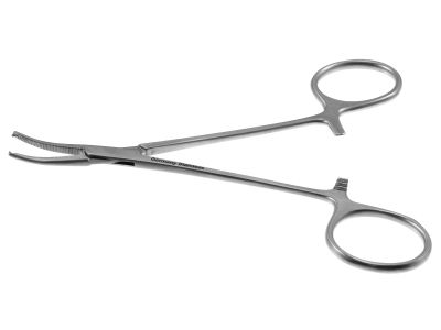 Halstead hemostatic mosquito forceps, 5'',delicate, curved, 1x2 teeth, serrated jaws, ring handle
