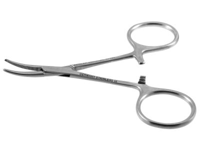 Hartman hemostatic mosquito forceps, 3 1/2'',curved, serrated jaws, ring handle