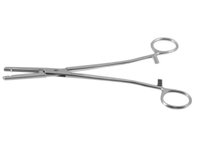 Heaney-Ballentine hysterectomy forceps, 8 1/4'',straight, longitudinal serrated, single-toothed jaws, ring handle