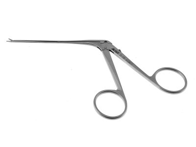 House miniature forceps, 5 1/4'',working length 73.0mm, very delicate, straight, 3.0mm fine serrated jaws, ring handle