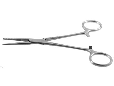 Kelly hemostatic artery forceps, 5 1/2'',straight, serrated jaws, ring handle