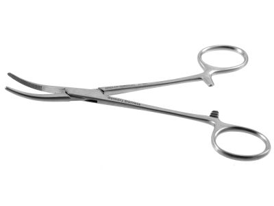 Kelly hemostatic artery forceps, 5 1/2'',curved, serrated jaws, ring handle