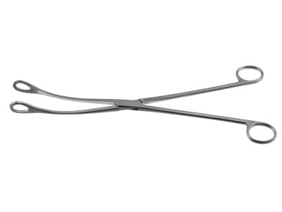 Kelly placenta forceps, 12'',curved, serrated, fenestrated jaws, ring handle