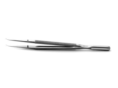 Microsurgical forceps, 7 1/4'',curved, 1.0mm TC dusted micro-ring tips with tying platform, round counterweight handle 