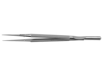 Microsurgical tissue forceps, 7'',straight, 1.0mm TC dusted tips with tying platform, round counterweight handle