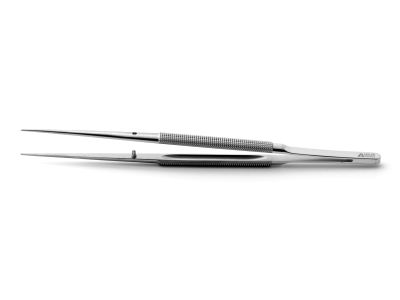 Microsurgical tissue forceps, 7'',delicate, straight, 1.0mm TC dusted tips without tying platform, round handle