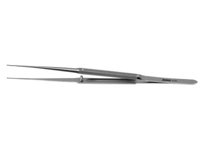 Microsurgical tissue forceps, 7 1/8'',delicate, straight, 1x2 teeth, 1.0mm TC dusted tips with tying platform, round handle