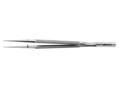 Microsurgical tissue forceps, 8 1/4'',straight, 1.0mm TC dusted tips with tying platform, round counterweight handle