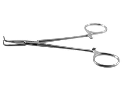 Mixter hemostatic micro forceps, 5 1/4'',delicate, angled 90º, serrated jaws, ring handle
