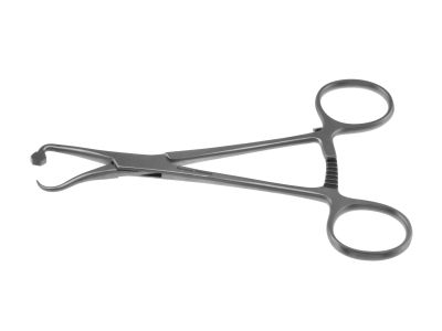 Plate/bone holding forceps, 4 3/4'',1 pointed tip and 1 foot plate, ring handle