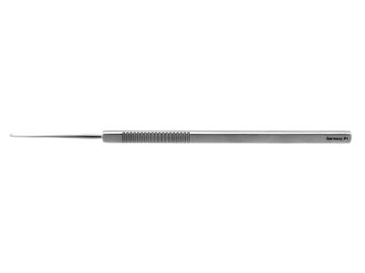 Maumenee iris hook, 4 3/4'',straight shaft, fully curved, 1.0mm blunt hook, flat handle
