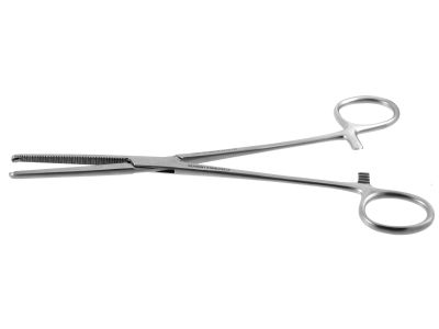 Rochester-Ochsner hemostatic artery forceps, 8'',straight, 1x2 teeth, serrated jaws, ring handle