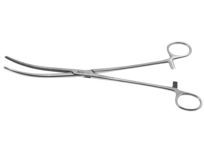Rochester-Pean hemostatic artery forceps, 10'',curved, serrated jaws, ring handle