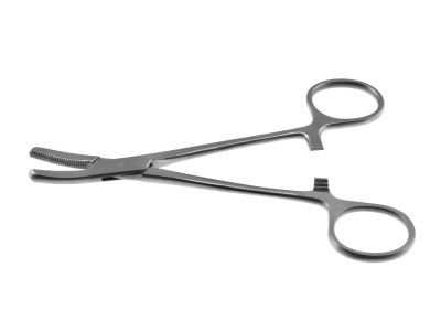 Meniscus clamp forceps, 5 3/8'',angled, serrated jaws, ring handle