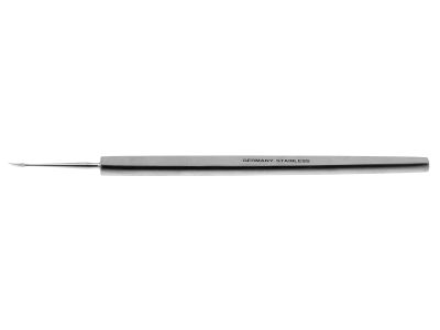 Walter foreign body spud, 4 3/4'',straight shaft with gently curved 2.0mm lance-shaped tip, flat handle