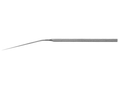Schuknecht foot plate hook, 6 1/2'',angled shaft, angled up, 0.4mm long anterior tip, round handle