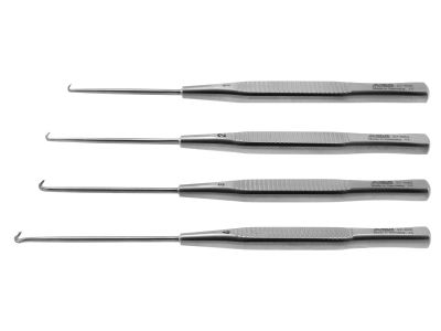 Mueller phlebectomy hook, set of 4 includes sizes #1, #2, #3 and #4, right handed, flat handle (37-882, 37-884, 37-556 and 37-888)