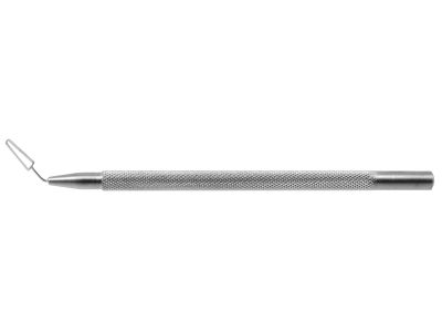 Kansas nucleus trisector, angled tip, triangular head, for use in the left hand, round handle