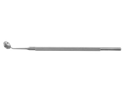 Peregrine DMEK donor tissue spoon, 4 3/4'', angled shaft, smooth 9.0mm diameter, dual notches, round handle, designed to hold the donor tissue prior to the surgeon pulling it into the eye