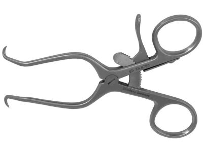 Gelpi self-retaining retractor, 4 1/2'', delicate, angled, sharp points, ring handle with ratchet catch