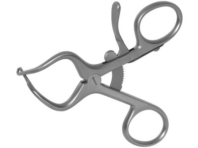 Johnson neuroma retractor, 3 1/4'', angled 90º, 1x1 sharp prongs, 7.5mm wide, ring handle with ratchet