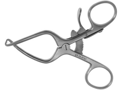 Johnson neuroma retractor, 4'', 1x1 sharp prongs, ring handle with ratchet