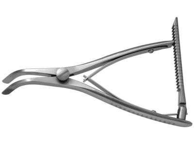 Saxena bone grafting retractor, 6 1/2'', serrated jaws, squeeze handle with calibrated ratchet