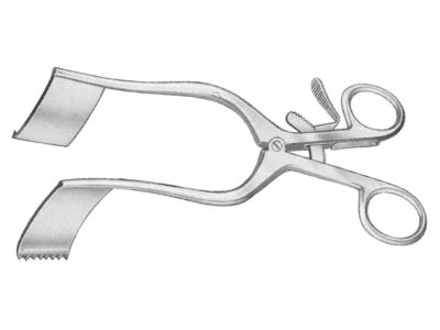 Meyerding retractor, 7'', 1 1/4'' x 1'' wide blades, with teeth, ring handle with ratchet