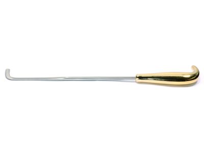 Tebbetts-style breast dissector, 13'',malleable shaft, angled, hockey-stick spatula, working length 216mm, gold grip handle