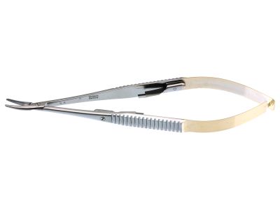 Castroviejo needle holder, 5 1/2'',medium, curved, 9.0mm smooth TC jaws, flat handle, with lock