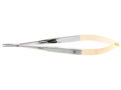 Stratte needle holder, 9'',double bend, curved, serrated TC jaws, gold ring  handle