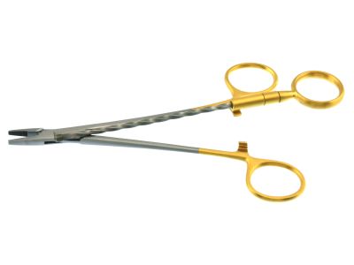 Corwin wire twister, 6 1/4", serrated TC jaws, flat tip, twisted center ring, gold ring handle