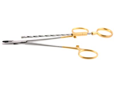 Corwin wire twister, 6 1/8", heavy, 10.0mm serrated TC jaws, round tip, twisted center ring, gold ring handle