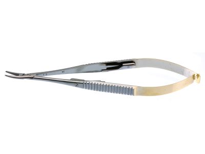 Castroviejo needle holder, 5 1/2'',medium, curved, 9.0mm serrated TC jaws, flat handle, with lock