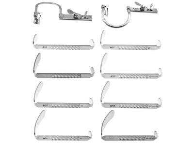 Davis mouth gag complete set includes - left and right adult frames, 8 blades (46-115, 46-120, 46-100, 46-101, 46-102, 46-103, 46-104, 46-105, 46-106 and 46-108)