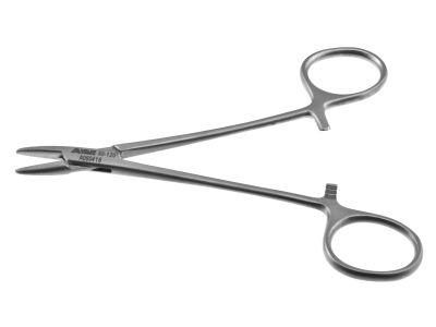 Brown needle holder, 5 1/4'',straight, serrated convex jaws, ring handle